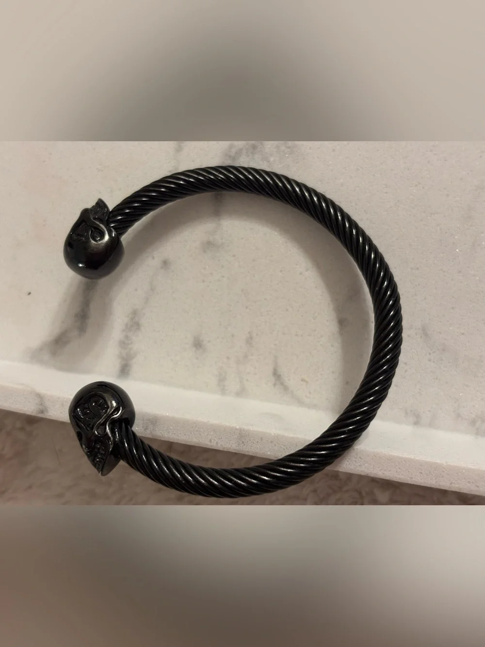 Men's Black Twisted Cable Cuff Bracelet with Skull End Caps